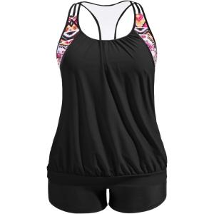 imageHolipick Plus Size Tankini Swimsuit for Women Two Piece Tummy Control Bathing Suit Blouson Racerback Tankini Top with ShortsBlack