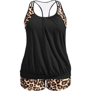 imageHolipick Plus Size Tankini Swimsuit for Women Two Piece Tummy Control Bathing Suit Blouson Racerback Tankini Top with ShortsBlack Leopard
