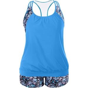 imageHolipick Plus Size Tankini Swimsuit for Women Two Piece Tummy Control Bathing Suit Blouson Racerback Tankini Top with ShortsBlue