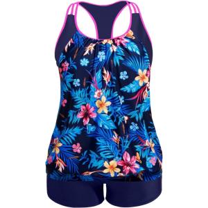 imageHolipick Plus Size Tankini Swimsuit for Women Two Piece Tummy Control Bathing Suit Blouson Racerback Tankini Top with ShortsBlue Floral Pattern