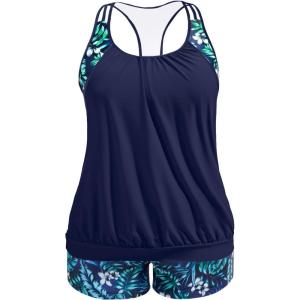 imageHolipick Plus Size Tankini Swimsuit for Women Two Piece Tummy Control Bathing Suit Blouson Racerback Tankini Top with ShortsBlue Leaves