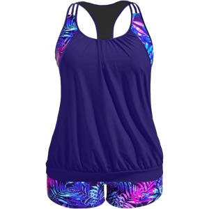 imageHolipick Plus Size Tankini Swimsuit for Women Two Piece Tummy Control Bathing Suit Blouson Racerback Tankini Top with ShortsBlue Purple Leaves
