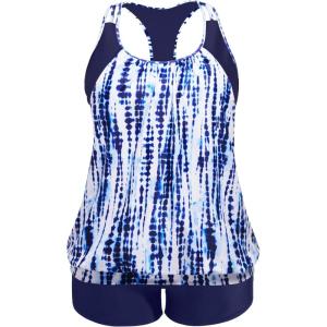imageHolipick Plus Size Tankini Swimsuit for Women Two Piece Tummy Control Bathing Suit Blouson Racerback Tankini Top with ShortsBlue Tie Dye