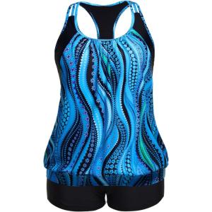 imageHolipick Plus Size Tankini Swimsuit for Women Two Piece Tummy Control Bathing Suit Blouson Racerback Tankini Top with ShortsBlue Wavy Pattern