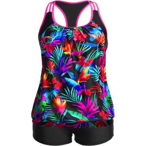 imageHolipick Plus Size Tankini Swimsuit for Women Two Piece Tummy Control Bathing Suit Blouson Racerback Tankini Top with ShortsColorful Leaves