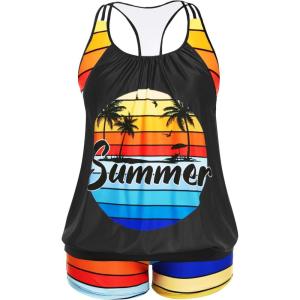 imageHolipick Plus Size Tankini Swimsuit for Women Two Piece Tummy Control Bathing Suit Blouson Racerback Tankini Top with ShortsColorful Palm Tree