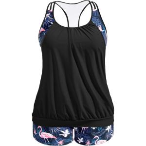 imageHolipick Plus Size Tankini Swimsuit for Women Two Piece Tummy Control Bathing Suit Blouson Racerback Tankini Top with ShortsFlamingo