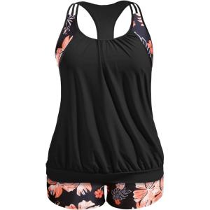 imageHolipick Plus Size Tankini Swimsuit for Women Two Piece Tummy Control Bathing Suit Blouson Racerback Tankini Top with ShortsFloral Print