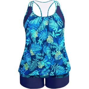 imageHolipick Plus Size Tankini Swimsuit for Women Two Piece Tummy Control Bathing Suit Blouson Racerback Tankini Top with ShortsGreen Leaves