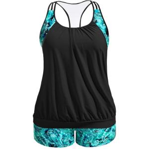 imageHolipick Plus Size Tankini Swimsuit for Women Two Piece Tummy Control Bathing Suit Blouson Racerback Tankini Top with ShortsGreen Paisley