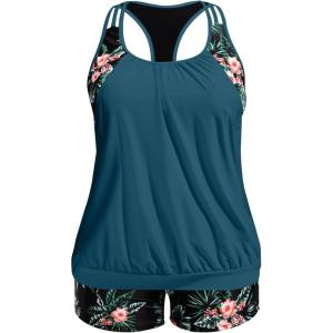 imageHolipick Plus Size Tankini Swimsuit for Women Two Piece Tummy Control Bathing Suit Blouson Racerback Tankini Top with ShortsGreen and Flower