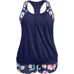 imageHolipick Plus Size Tankini Swimsuit for Women Two Piece Tummy Control Bathing Suit Blouson Racerback Tankini Top with ShortsNavy Blue Flowers Print