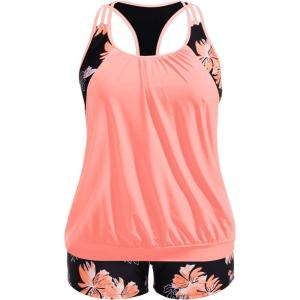 imageHolipick Plus Size Tankini Swimsuit for Women Two Piece Tummy Control Bathing Suit Blouson Racerback Tankini Top with ShortsOrange Floral