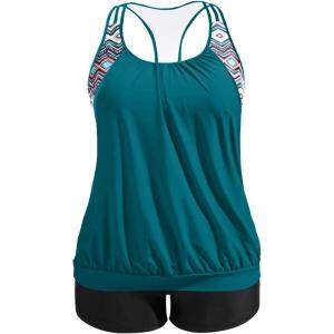 imageHolipick Plus Size Tankini Swimsuit for Women Two Piece Tummy Control Bathing Suit Blouson Racerback Tankini Top with ShortsPeacock Blue