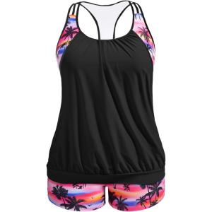 imageHolipick Plus Size Tankini Swimsuit for Women Two Piece Tummy Control Bathing Suit Blouson Racerback Tankini Top with ShortsPink Coconut Tree