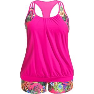imageHolipick Plus Size Tankini Swimsuit for Women Two Piece Tummy Control Bathing Suit Blouson Racerback Tankini Top with ShortsPink Floral