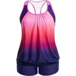 imageHolipick Plus Size Tankini Swimsuit for Women Two Piece Tummy Control Bathing Suit Blouson Racerback Tankini Top with ShortsPink Gradient