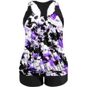 imageHolipick Plus Size Tankini Swimsuit for Women Two Piece Tummy Control Bathing Suit Blouson Racerback Tankini Top with ShortsPurple Flowers