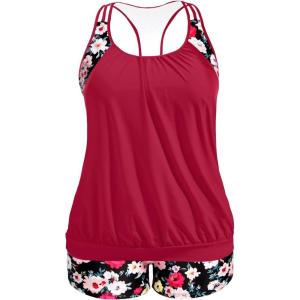 imageHolipick Plus Size Tankini Swimsuit for Women Two Piece Tummy Control Bathing Suit Blouson Racerback Tankini Top with ShortsRed Flowers Print