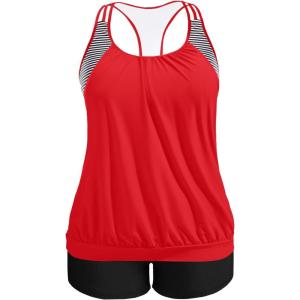 imageHolipick Plus Size Tankini Swimsuit for Women Two Piece Tummy Control Bathing Suit Blouson Racerback Tankini Top with ShortsRed and Stripe