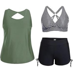 imageHolipick Plus Size Tankini Swimsuits  Women 3 Piece Bathing Suits Tummy Control with Shorts Tank Top with Sports Bra 12 PlusArmy Green