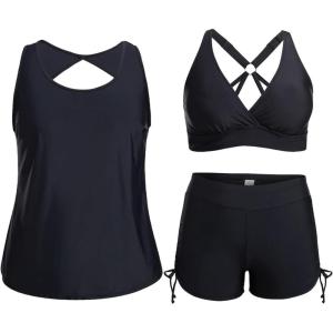 imageHolipick Plus Size Tankini Swimsuits  Women 3 Piece Bathing Suits Tummy Control with Shorts Tank Top with Sports Bra 12 PlusBlack