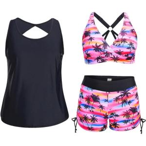 imageHolipick Plus Size Tankini Swimsuits  Women 3 Piece Bathing Suits Tummy Control with Shorts Tank Top with Sports Bra 12 PlusBlack Pink Coconut Tree