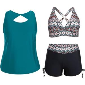 imageHolipick Plus Size Tankini Swimsuits  Women 3 Piece Bathing Suits Tummy Control with Shorts Tank Top with Sports Bra 12 PlusGreen Geometric