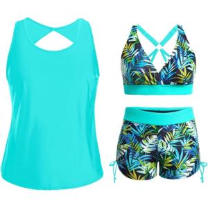 imageHolipick Plus Size Tankini Swimsuits  Women 3 Piece Bathing Suits Tummy Control with Shorts Tank Top with Sports Bra 12 PlusGreen Leaves