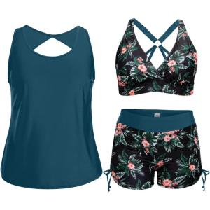 imageHolipick Plus Size Tankini Swimsuits  Women 3 Piece Bathing Suits Tummy Control with Shorts Tank Top with Sports Bra 12 PlusGreen and Flower