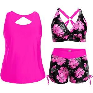 imageHolipick Plus Size Tankini Swimsuits  Women 3 Piece Bathing Suits Tummy Control with Shorts Tank Top with Sports Bra 12 PlusPink Floral