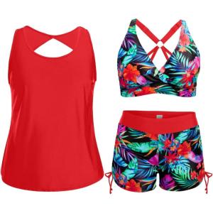 imageHolipick Plus Size Tankini Swimsuits  Women 3 Piece Bathing Suits Tummy Control with Shorts Tank Top with Sports Bra 12 PlusRed Floral