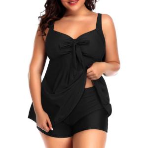imageHolipick Two Piece Plus Size Tankini Swimsuits for Women Tummy Control Swim Top with Shorts Long Flowy Bathing SuitsBlack