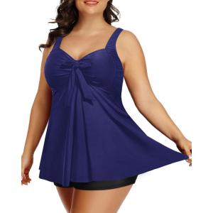 imageHolipick Two Piece Plus Size Tankini Swimsuits for Women Tummy Control Swim Top with Shorts Long Flowy Bathing SuitsNavy Blue