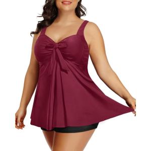 imageHolipick Two Piece Plus Size Tankini Swimsuits for Women Tummy Control Swim Top with Shorts Long Flowy Bathing SuitsWine Red