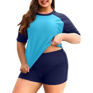 imageHolipick Two Piece Women Plus Size Rash Guard Short Sleeve Swim Shirts and Shorts UPF 50 Rashguard SwimsuitWater Blue