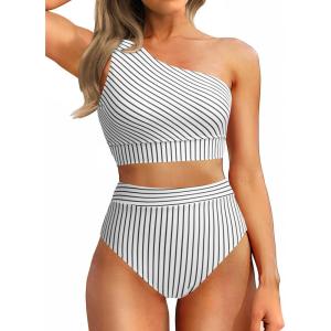 imageHolipick Women One Shoulder High Waisted Bikini Sets Two Piece Swimsuit Tummy Control Bathing Suit Full Coverage SwimwearBlack Stripes