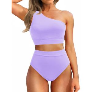 imageHolipick Women One Shoulder High Waisted Bikini Sets Two Piece Swimsuit Tummy Control Bathing Suit Full Coverage SwimwearLavender