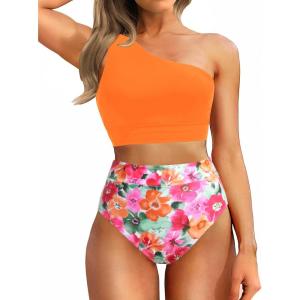 imageHolipick Women One Shoulder High Waisted Bikini Sets Two Piece Swimsuit Tummy Control Bathing Suit Full Coverage SwimwearOrange and Floral