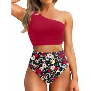 imageHolipick Women One Shoulder High Waisted Bikini Sets Two Piece Swimsuit Tummy Control Bathing Suit Full Coverage SwimwearRed and Floral