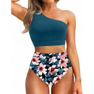 imageHolipick Women One Shoulder High Waisted Bikini Sets Two Piece Swimsuit Tummy Control Bathing Suit Full Coverage SwimwearTeal Flower