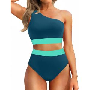 imageHolipick Women One Shoulder High Waisted Bikini Sets Two Piece Swimsuit Tummy Control Bathing Suit Full Coverage SwimwearTeal and Green