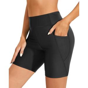 imageHolipick Women Plus Size Swim Shorts High Waisted Swim Bottoms with Pockets Tummy Control Boy ShortsBlack Regular