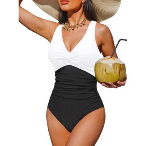 imageHolipick Women Tummy Control One Piece Swimsuit  Push Up Bathing Suit Full Coverage Slimming SwimwearBlack and White