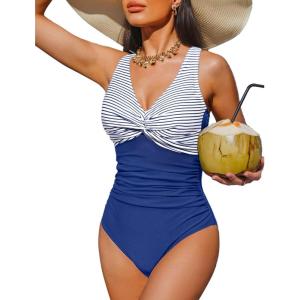 imageHolipick Women Tummy Control One Piece Swimsuit  Push Up Bathing Suit Full Coverage Slimming SwimwearBlue Striped