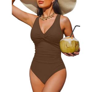 imageHolipick Women Tummy Control One Piece Swimsuit  Push Up Bathing Suit Full Coverage Slimming SwimwearBrown