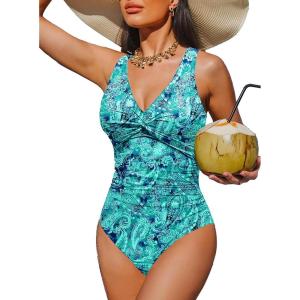 imageHolipick Women Tummy Control One Piece Swimsuit  Push Up Bathing Suit Full Coverage Slimming SwimwearGreen Paisley