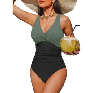 imageHolipick Women Tummy Control One Piece Swimsuit  Push Up Bathing Suit Full Coverage Slimming SwimwearGreen and Black