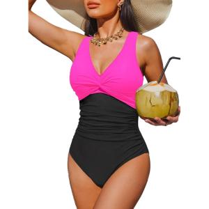 imageHolipick Women Tummy Control One Piece Swimsuit  Push Up Bathing Suit Full Coverage Slimming SwimwearHot Pink and Black