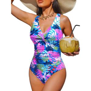 imageHolipick Women Tummy Control One Piece Swimsuit  Push Up Bathing Suit Full Coverage Slimming SwimwearLeaves